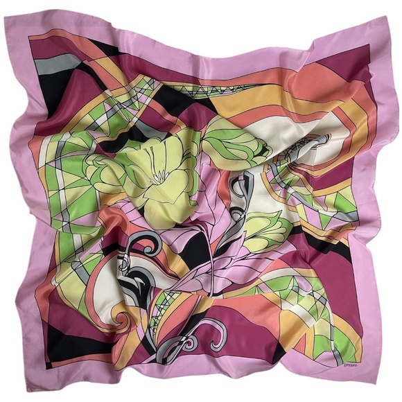 LOREDANO Women's Purple/Green Geometric Floral Leaf Silk LUXURY Scarf - Picture 2 of 9